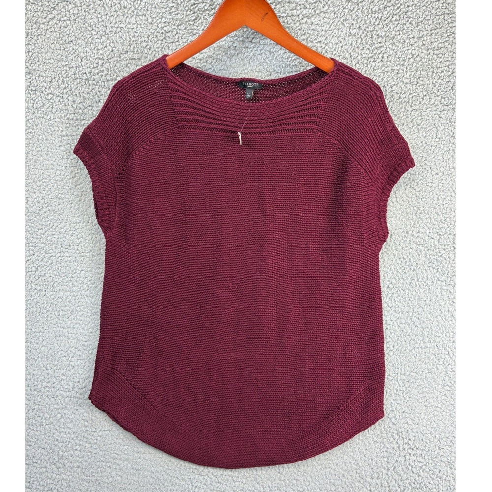 Talbots Open Knit Short Sleeve Sweater Top Womens LP Maroon Linen Boat Neck